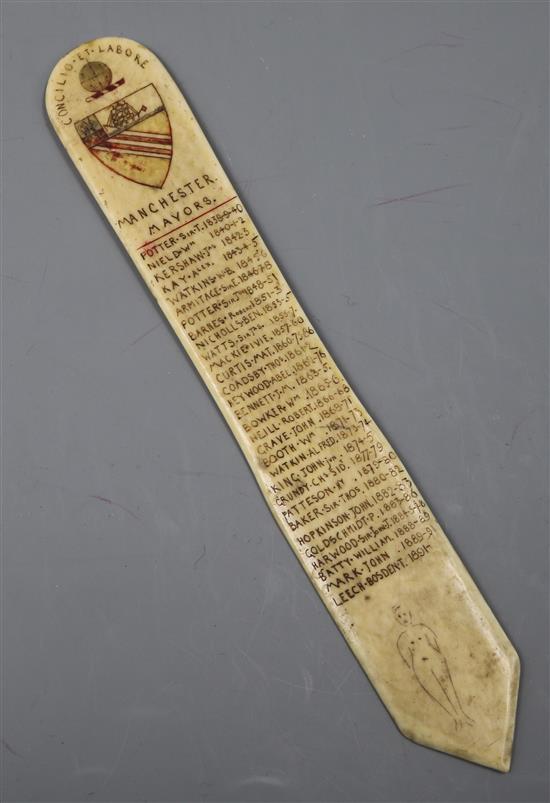 A Victorian whalebone scrimshaw bookmark or page turner